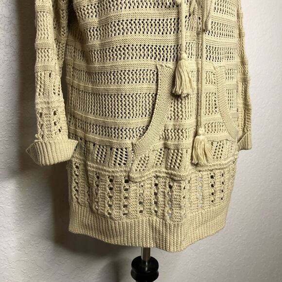 II Sisters tan open crochet knit v neck hooded sweater tunic size M/L - Picture 3 of 16